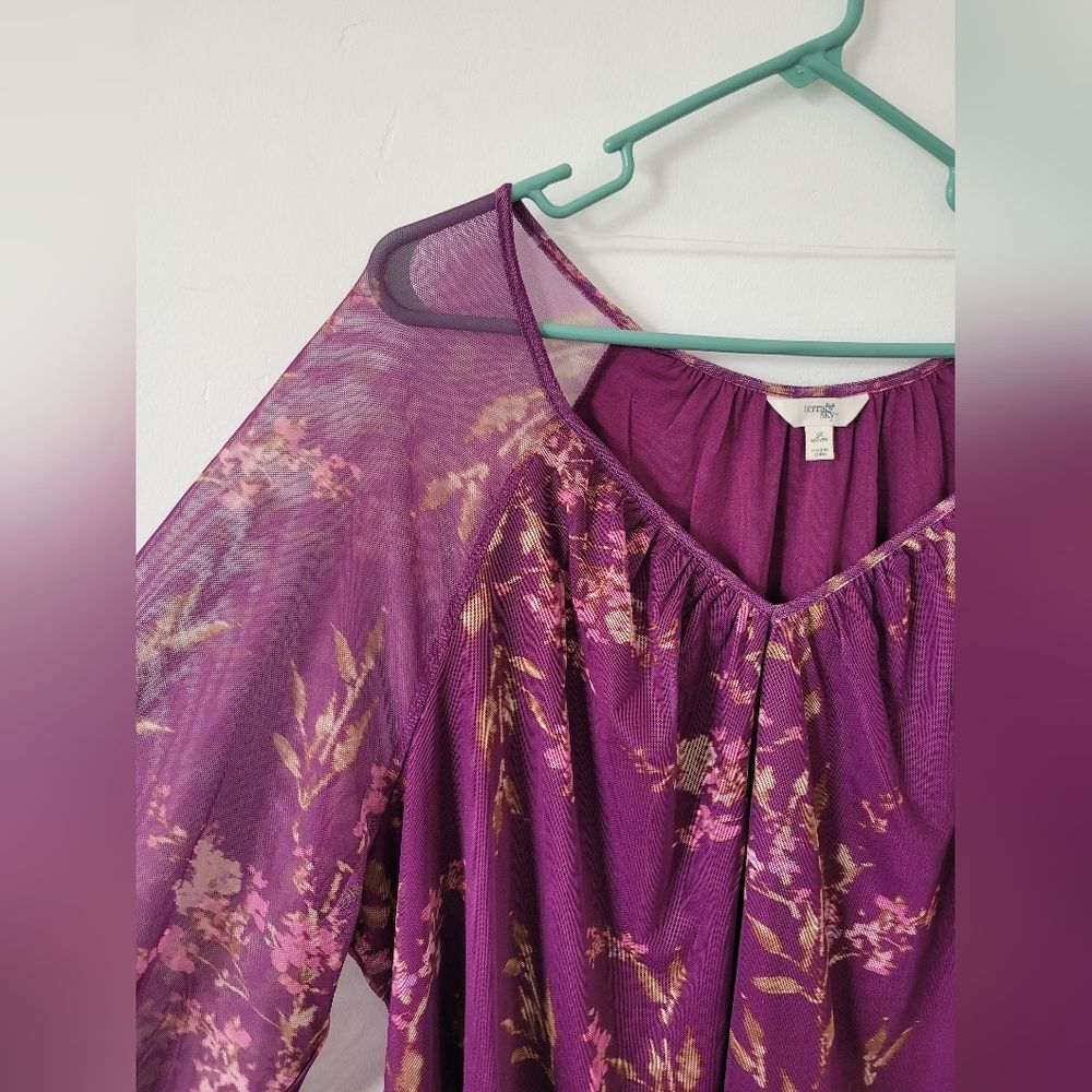 Purple Floral Sheer Mesh Plus Size Knit Blouse Top 3X Pullover V Neck Mature - Picture 3 of 8